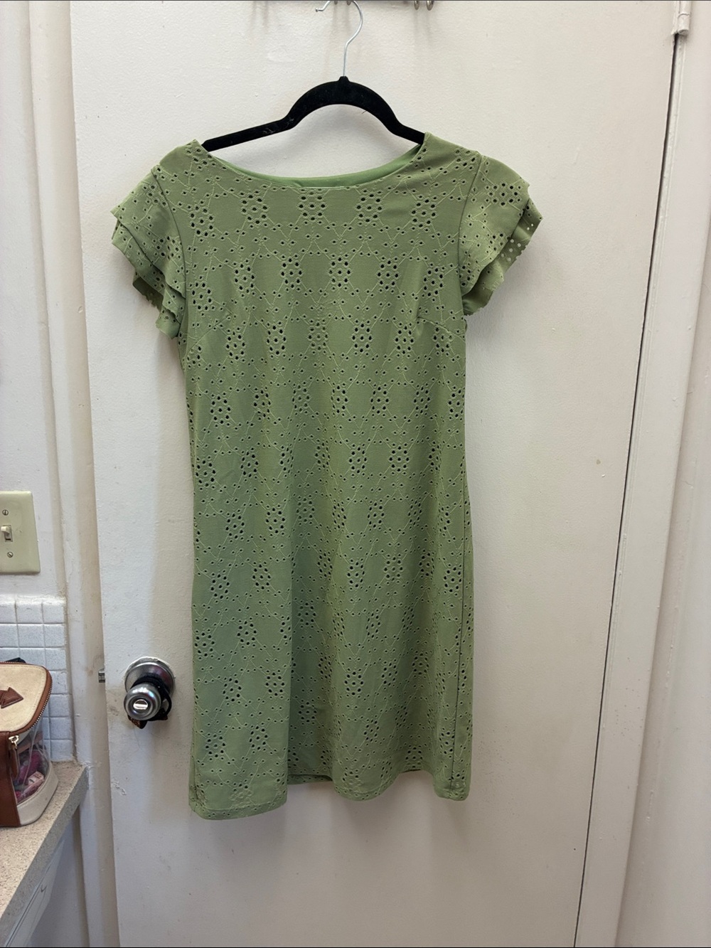 Eyelet Midi Dress in Olive Green - Classic Short Sleeve